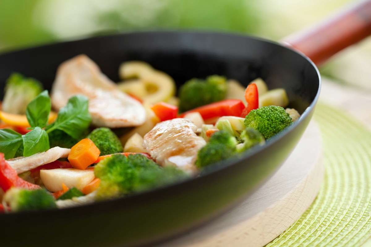 A skillet with chicken, broccoli, red pepper and carrots