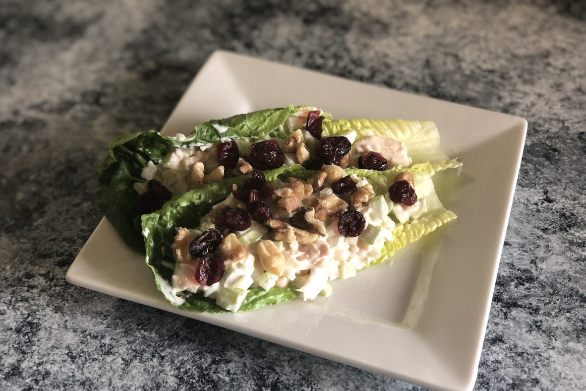 Chicken salad on romaine lettuce on a plate