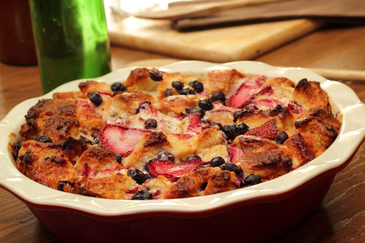 A baking dish of berry bread pudding