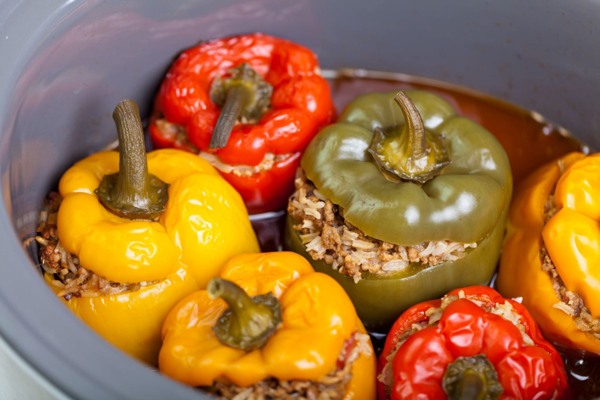 A pot of red, yellow and green bell peppers