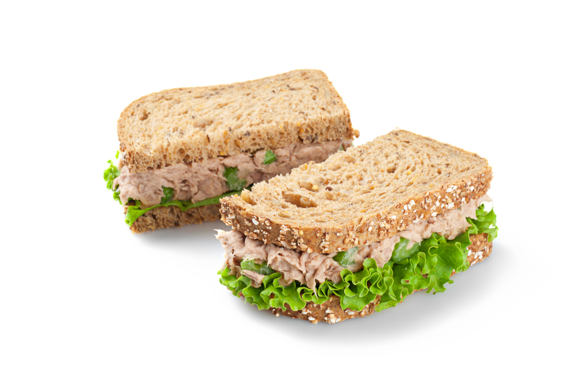 A tuna sandwich cut in half