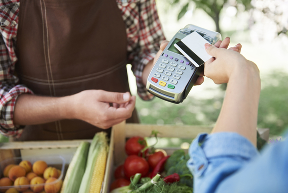 A customer uses a credit card at a farmers market stand